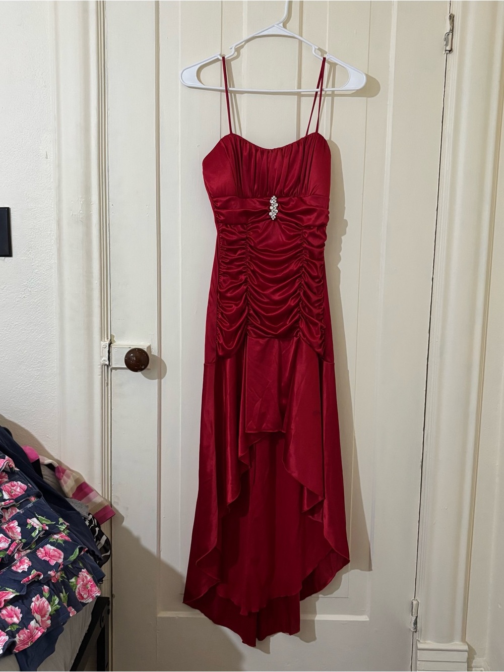 Deb Red Ruched High-Low Satin Evening Dress with Center Brooch